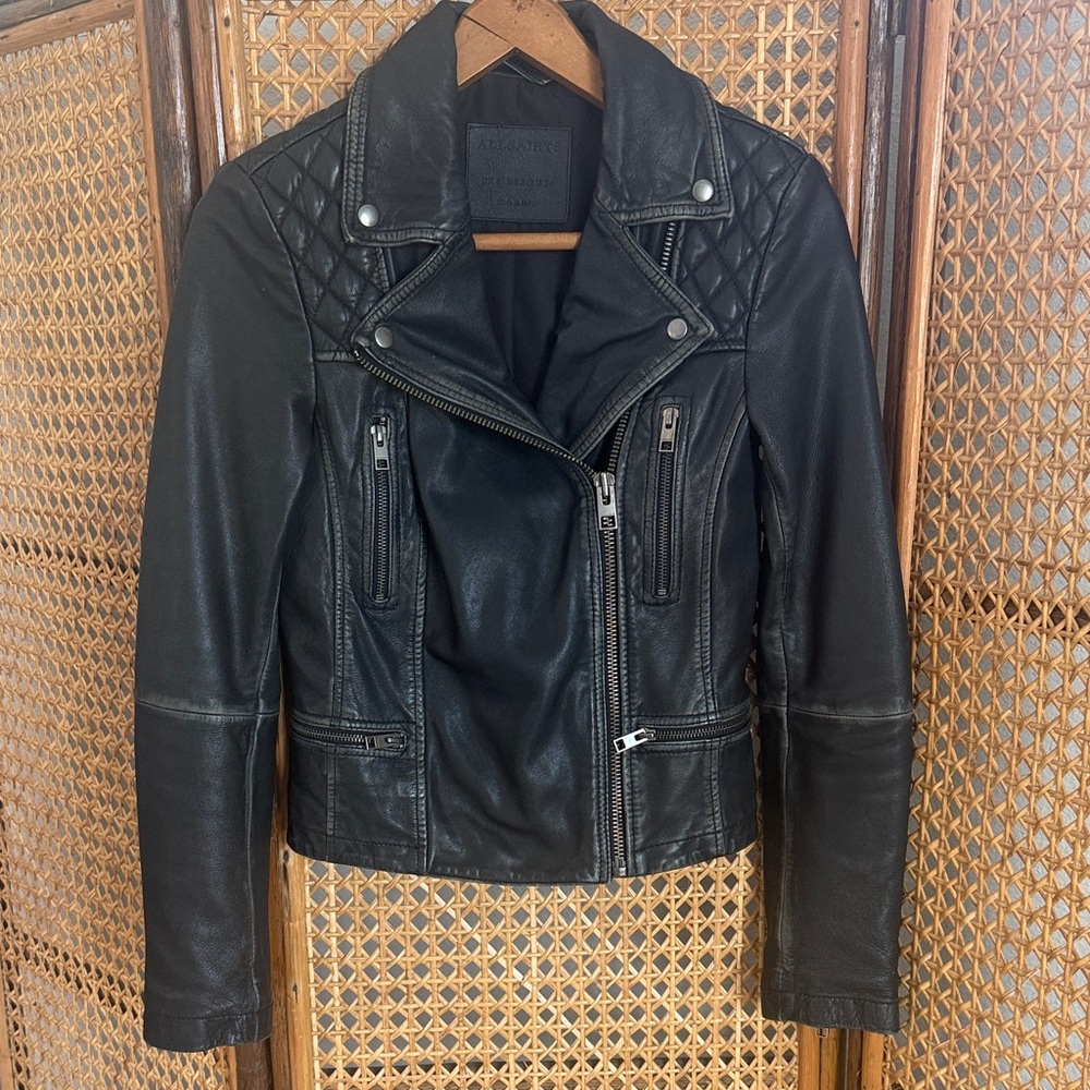 All Saints Cargo Black Leather Biker Jacket